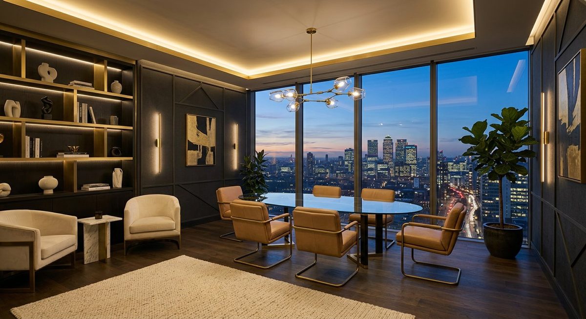 Modern luxury Lucrative Consultancy office interior with elegant gold accents